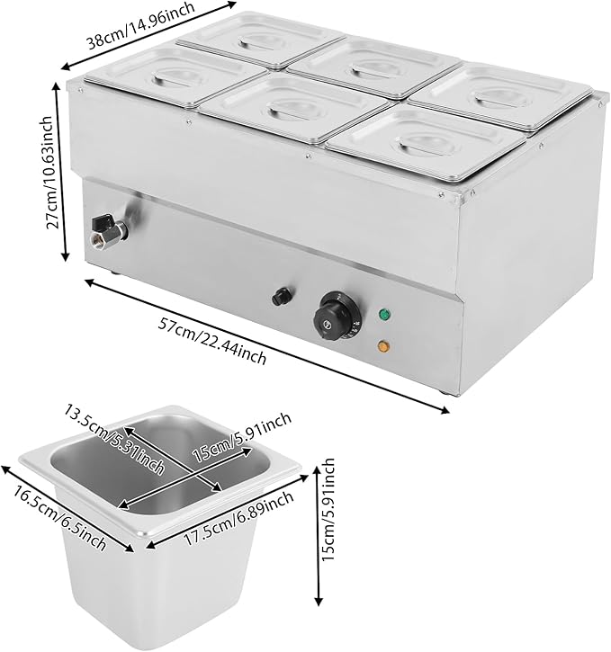 1500W Electric Commercial Food Warmer,6 Pan Stainless Steel Buffet Steam Table,Bain Marie Buffet Countertop with Temperature Control & Lid for Parties,Catering,Restaurants 110V
