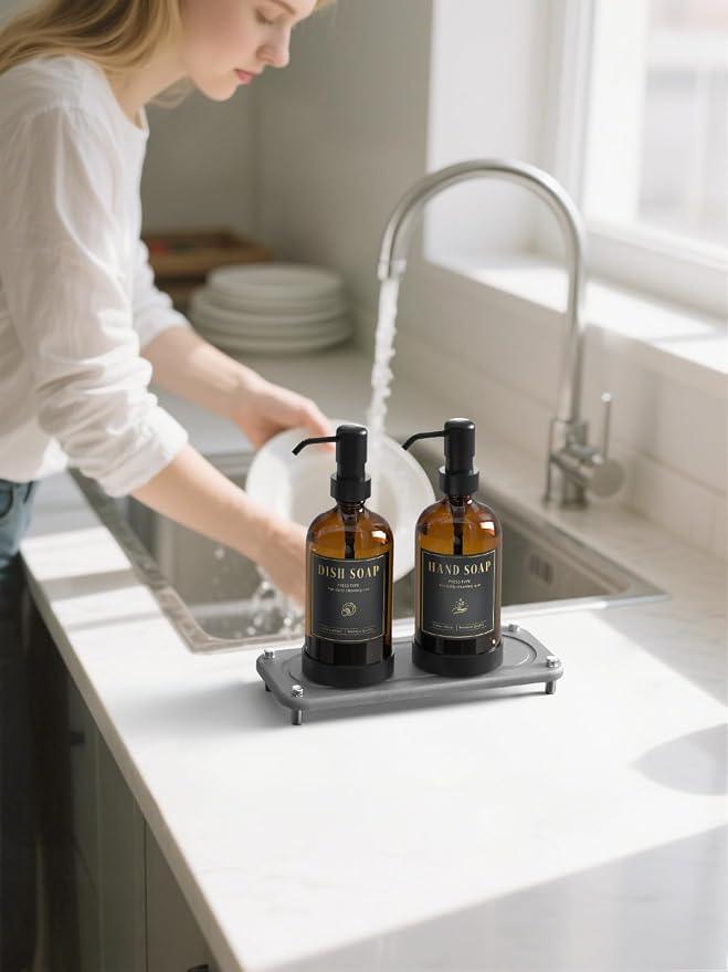 Luxspire 17 oz Glass Liquid Soap Dispenser Set, Amber + Dark Gray, 2 Pack | - Image 6