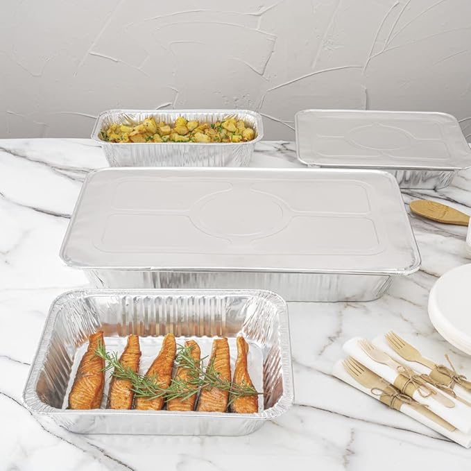 Restaurantware Aluminum Pan Cover 25 Count 21.06 x 13.5 Inch Oven Friendly Disposable Pan Lid Full Size Foil Lid Temperature-Sealing Silver For Catering And Food Storage