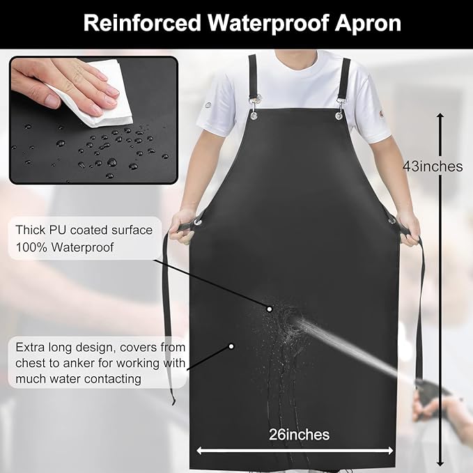 Waterproof Rubber Apron, 43" Anti-Tear Heavy Duty Vinyl Adjustable Thicker Cross Back Dishwasher Apron for Restaurant Dishwashing, Butcher, Lab Work, Dog Grooming Black