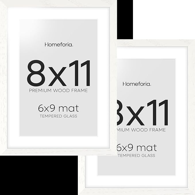 Homeforia 8x11 Picture Frame White, High End Oak 8 x 11 Wood Frames with Mat 6 by 9 Print, 8by11 Wooden Frame Matted to 6x9 inch Photo, 11x8 Wall or Tabletop Frames, Tempered Glass, Wall Kit, Set of 2