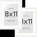 Homeforia 8x11 Picture Frame White, High End Oak 8 x 11 Wood Frames with Mat 6 by 9 Print, 8by11 Wooden Frame Matted to 6x9 inch Photo, 11x8 Wall or Tabletop Frames, Tempered Glass, Wall Kit, Set of 2