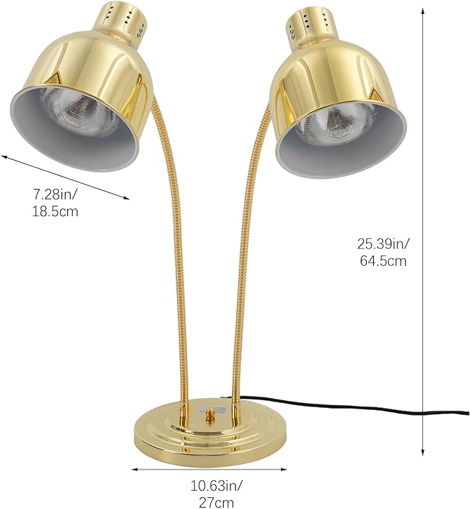 2-Head Food Heat Lamp Warmer Gold, 500W Double Bulbs Buffet Display Heating Preservation Light for Buffet, Electric Portable Heating Lamp with 360°Adjustable Head Independent Switch(Gold, Style2)