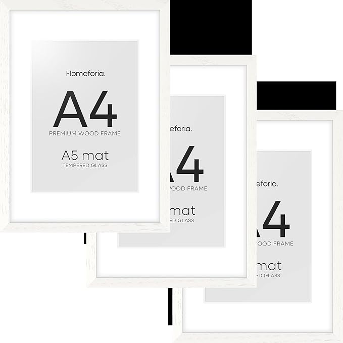 Homeforia A4 Picture Frame White Wood, High-End Oak 8.3 x 11.7 White Poster Frames Matted to 5.8 by 8.3 Photo, 8.3x11.7 Size Wooden Frame with Mat for 5.8x8.3 Print, Tempered Glass, Wall Kit, Set of 3