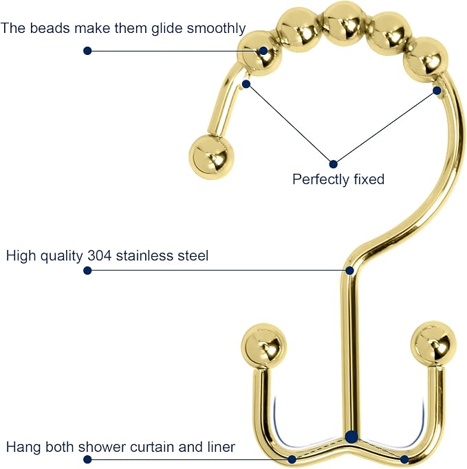 Gidse Shower Curtain Hooks, Sturdy Stainless Steel Double Sided Shower Hooks - Image 3