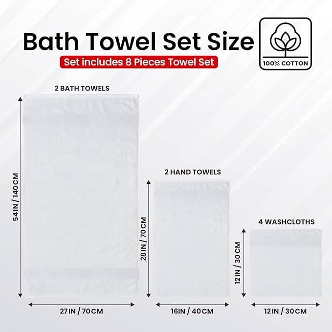 Infinitee Xclusives 100% Cotton Bath Towel Set – 8 Piece Bathroom Towel Set | – - Image 3