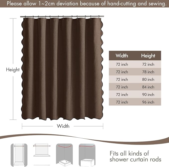MIULEE 72"x96" Extra Long Scalloped Linen Shower Curtain Brown - Image 6