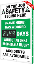 SmartSign "On The Job Safety - Add Your Name Here, Has Worked_ Days Without Injury" Custom Electronic Safety Scoreboard | 20" x 28", Made in USA