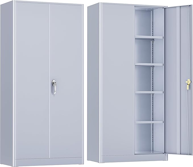 Crownland 72" Metal Storage Cabinet, Lockable Garage Storage Cabinets, High Office Cabinet with Adjustable Shelves for Garage, Home Office, Pantry, File(Cement Grey)