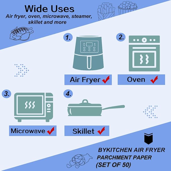 BYKITCHEN Large Air Fryer Liners, 10 Inch Square Air Fryer Liners, XL Airfryer Parchment Paper, Compatible with Corsori, Power XL, Gourmia Airfryer and More (Set of 50)