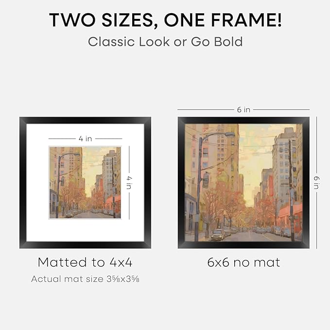 Homeforia 6x6 Black Picture Frame, High End Metal 6 x 6 Square Photo Frames with Mat 4 by 4, 6x6 Poster Frame Matted to 4x4 inch Print, 6by6 Wall or Tabletop Frames, Tempered Glass, Wall Kit, Set of 3