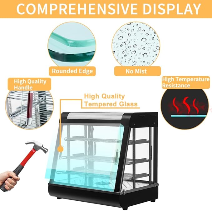 27-inch Food Warmer Display Hot Food Countertop Case Commercial Buffet Restaurant Heated Warmer w/ 3D Heating with LED Lighting 3-Tier Food Showcase for Catering Pizza