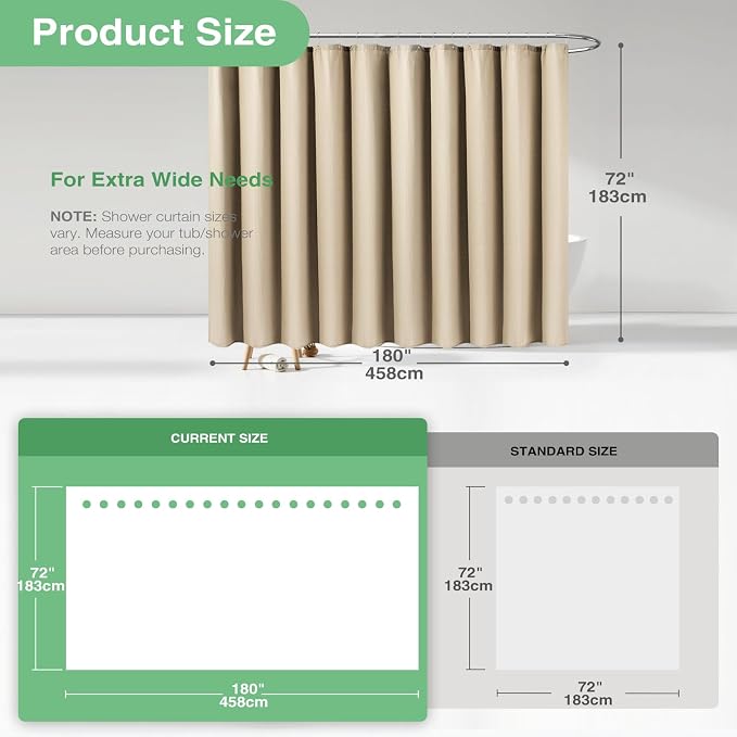 Dynamene Extra Wide Waffle Shower Curtain 256 GSM Fabric 180x72 Beige/Khaki - Image 3