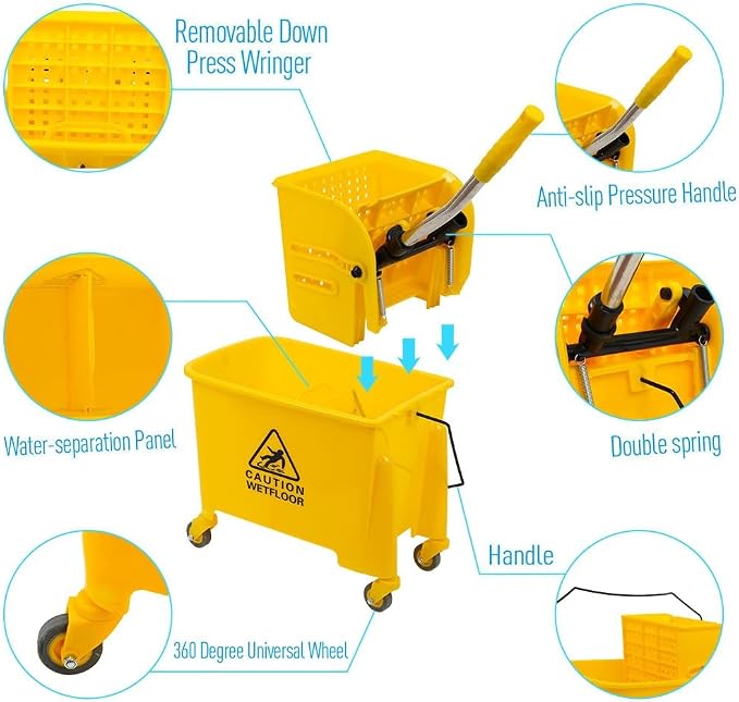 Commercial Mop Bucket with Wheels 20L Gallon, Side Press Wringer Combo Mop - Image 3