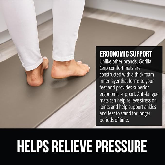GORILLA GRIP 2 Pack Comfortable Cushioned Kitchen Mats for Floor, 17x29 + 17x59, Waterproof and Stain Resistant, 1/2 Inch Thick Soft Ergonomic Standing Desk Anti Fatigue Mat, Foam Supports Feet, Beige