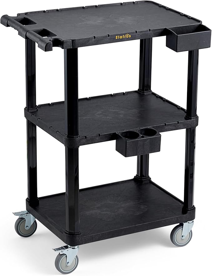 ELAFROS Heavy Duty Utility Cart, 27.5 x 18.25 Inch, 3-Tier Rolling Cart, Industrial Plastic, 330 lbs Capacity, Flat Top Shelves with Swivel Wheels - Multipurpose Work Cart