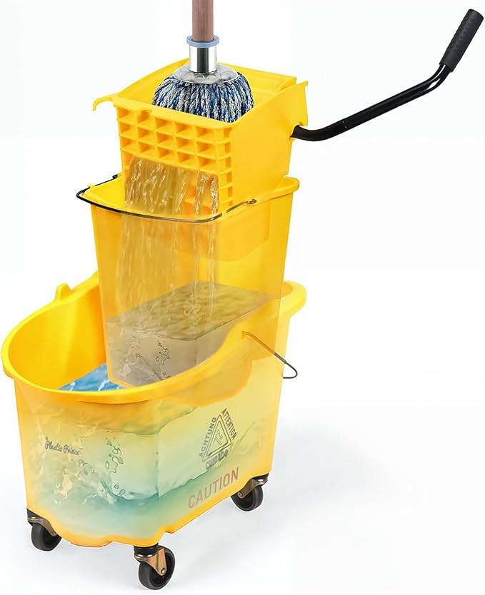 35-Quart Yellow Side-Press Mop Bucket and Wringer Combo on Wheels with Dirty Water Bucket for Commercial Use Perfect for Professional Industrial Business Household