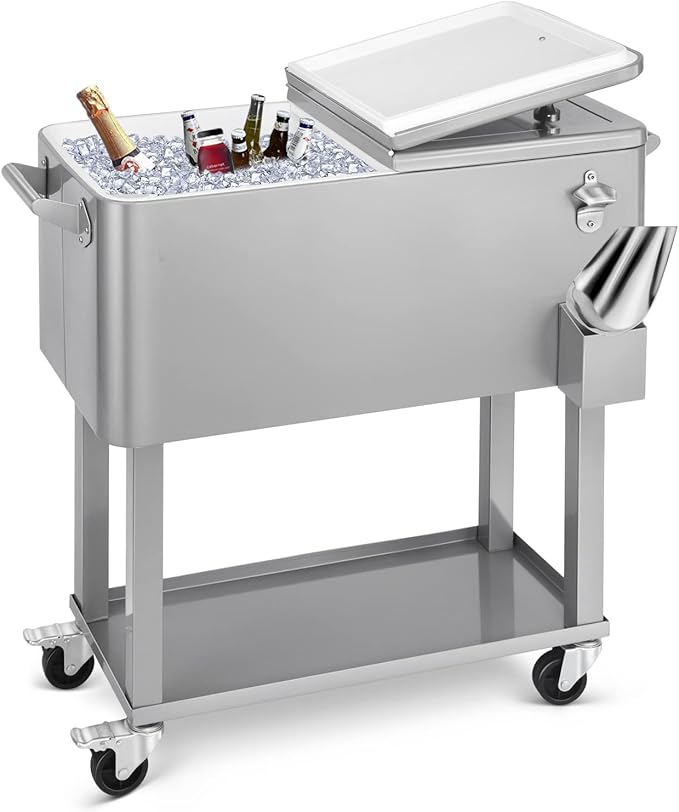 EDOSTORY 80 Quart Rolling Ice Chest Cooler Cart,Patio Backyard Party Drink Beverage Bar Stand Up Cooler Trolley with Ice Scoop