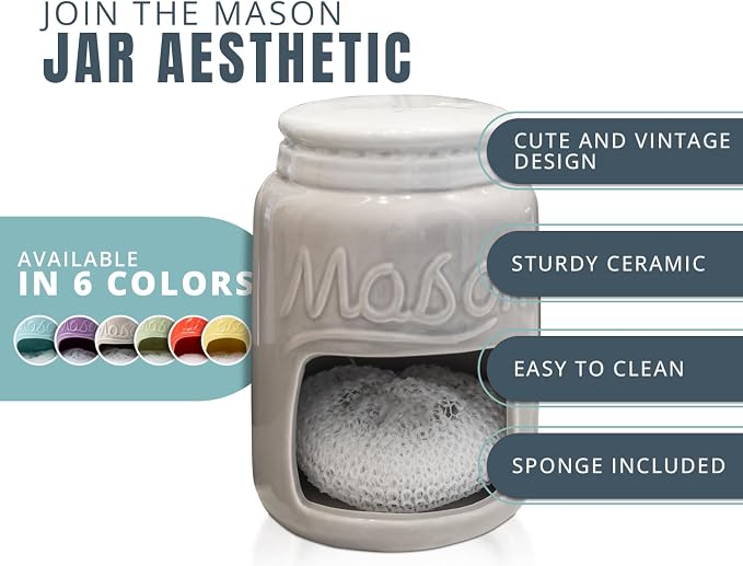 Comfify Grey Mason Jar Ceramic Sponge Holder – Farmhouse Sink Caddy - Image 2