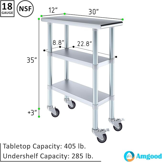 AmGood Stainless Steel Work Table with 2 Shelves and Casters | Metal Utility Table On Wheels (Stainless Steel Work Table with 2 Shelves + Casters, 12" Long x 30" Deep)