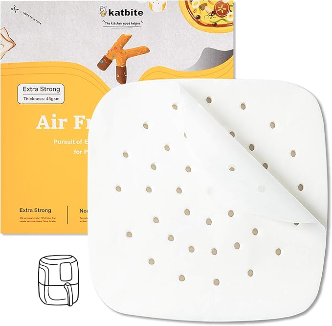 Katbite 8.5 Inch Air Fryer Parchment Paper Liners, 120Pcs Perforated Parchment Paper Sheets, Heavy Duty and Non-stick Squares for Air Fryer, Steaming Basket, Bamboo Steamer, Cake Pans