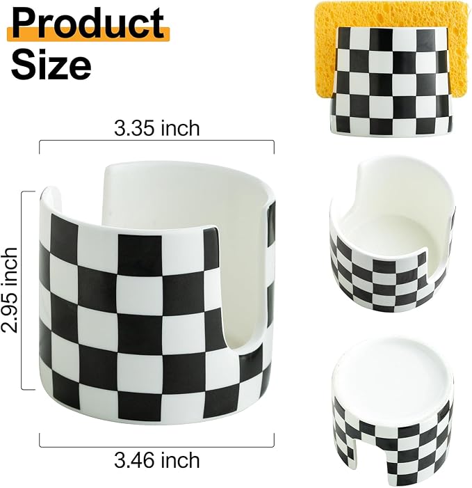 Zoeeker Sponge Holder for Kitchen Sink, Ceramic Checkered Dish Sponge Rack - Image 2