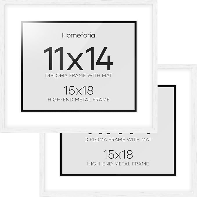 Homeforia 15x18 Diploma White Wood Frame, High End Oak 15 x 18 Certificate Frames with Mat 11 x 14, 15by15 Document Frame Matted to 11by14, Graduation Wooden Frames, Tempered Glass, Wall Kit, Set of 2