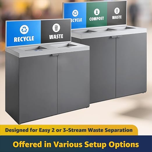 (86-Gallon) Triple Waste Recycling Station with Panel, Dark Gray Restaurant Trash Can Cabinet