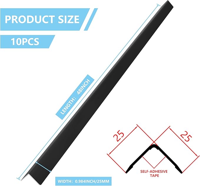 10pcs 48"L*0.98"W Aluminum Self-Adhesive Wall Corner Protectors, Wall Furniture Bumper, Safety Baby Proofing Corner Cushion Table Edge，Wide Coverage and Easy to Install - Black