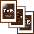 Homeforia 11x15 Brown Picture Frame, High End Dark Oak 11x15 Walnut Poster Frame with Mat 8.5x11, 11 x 15 Wooden Frames Matted to 8 by 11 inch Photo, 15x11 Frames, Tempered Glass, Wall Kit, Set of 3