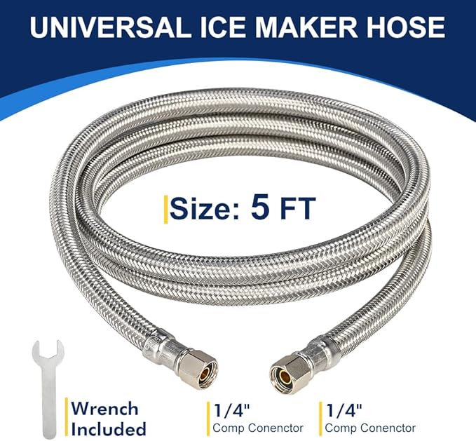 5ft Ice Maker Water Line Stainless Steel Braided – Flexible Refrigerator Water Supply Tube with 1/4" Quick Connect Fitting, Universal Fit