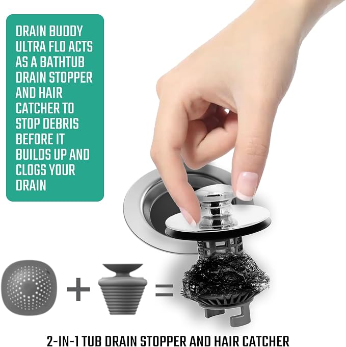 Drain Buddy Ultra Flo No Installation 2 in 1 Clog Preventing Tub Drain Stopper - Image 2