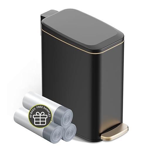 Small Bathroom Trash Can with Lid Soft Close, Step Pedal, 6L / 1.6 Gal Stainless Steel Garbage Bin with Removable Inner Bucket, Slim Wastebasket for Narrow Spaces (Black)