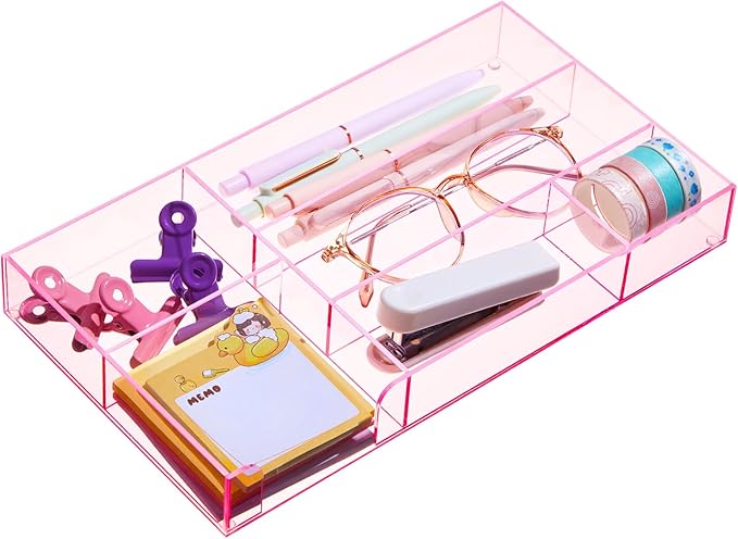Briwooody Pink Acrylic Drawer Organizer, 6 Compartments, Small | 11 x 6.1 x by Briwooody