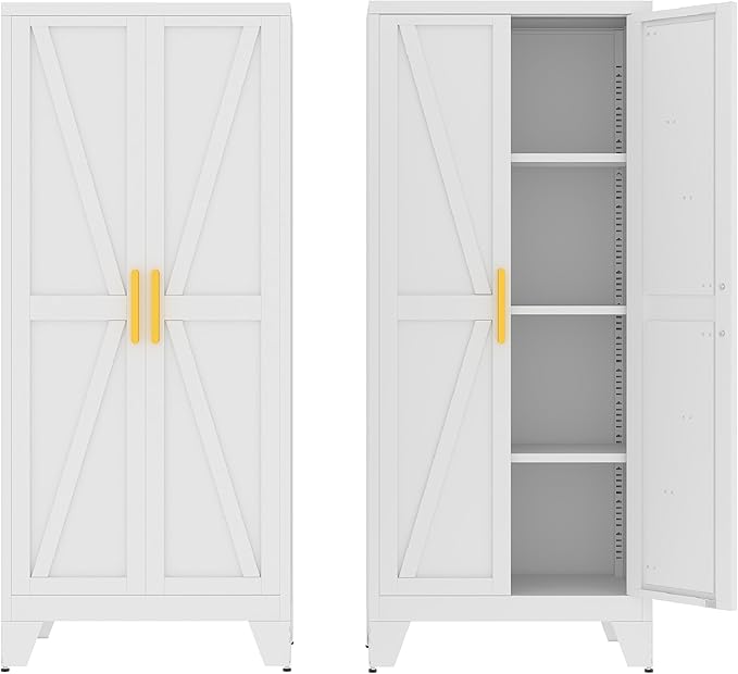 61" Tall Pantry Cabinet, White Metal Pantry Storage Cabinet, Kitchen Pantry Storage Cabinets with 2 Door and 3 Adjustable Shelves (White, 61" Modern)