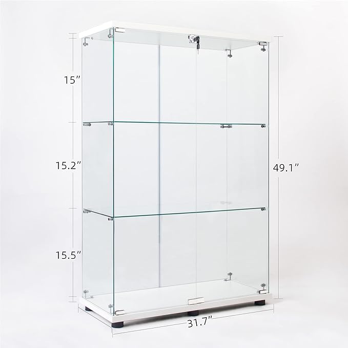 3-Tier Glass Display Cabinet,Curio Cabinet with Tempered Glass Door,Floor Standing Curio Bookshelf for Living Room Bedroom Office with Locks, Side by Side Doors (2 Doors,3 Shelves - White)
