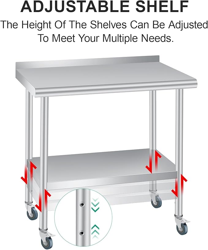 Stainless Steel Prep Table, 30 x 24 inches, with Backsplash, Adjustable Undershelf & 4 Wheels, Commercial Heavy Duty Table with Adjustable Under Shelf for Outdoor Use,Restaurants,Hotels,Works