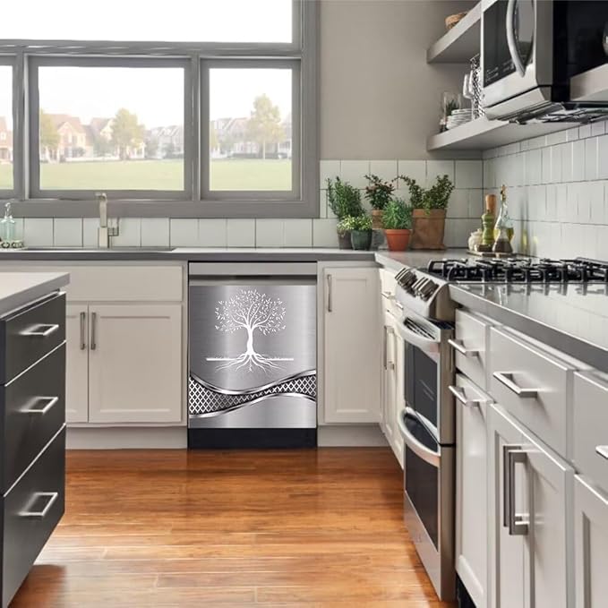Stainless Steel Design Tree Pattern Kitchen Decorative Dishwasher Cover Magnet Sticker,Fridge Panel Door,Refrigerator Decal Home Decor 23x17inch