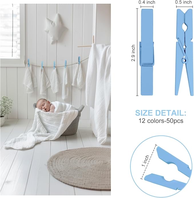 Colored Clothes pins 2.9inch 50PCS Blue, Colorful ClothesPins Wooden Clips - Image 2