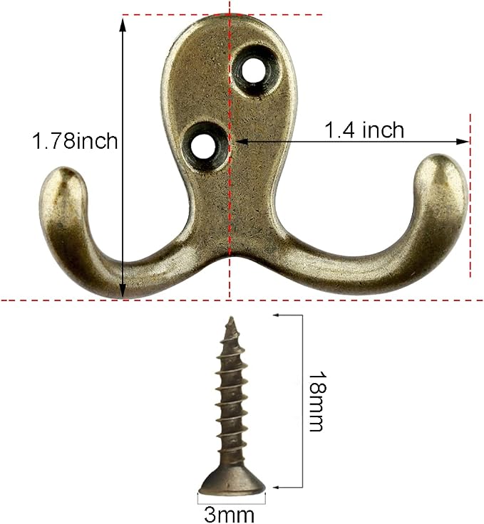 IBosins 10 Pack Antique Brass Double Prong Coat Hooks - Image 2