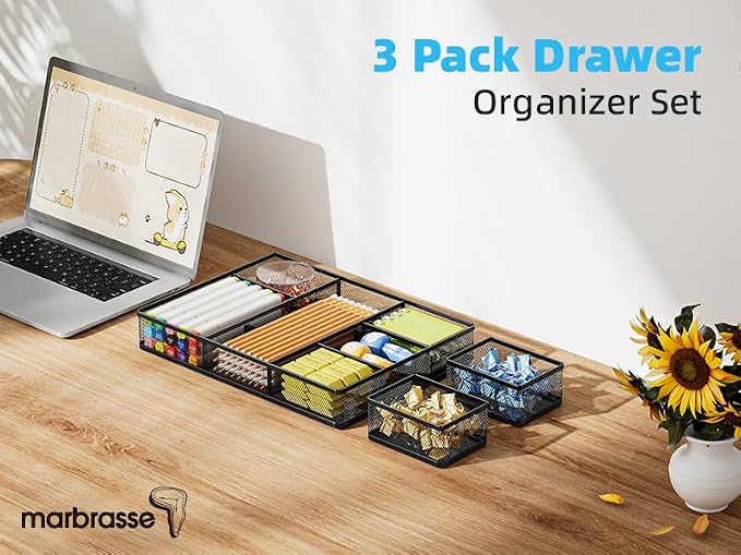 Marbrasse Mesh Desk Drawer Organizer Tray 3 Packs, 9 Adjustable Compartments - Image 6