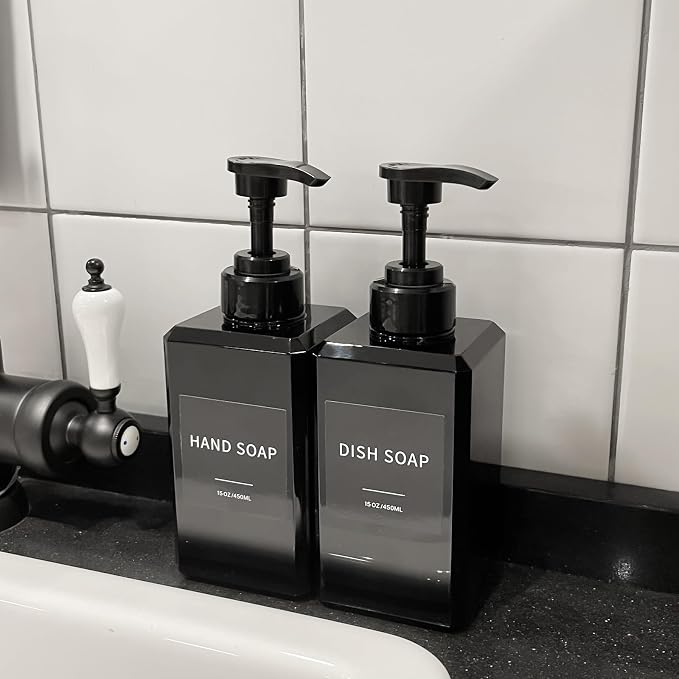 Black Soap Dispenser with Waterproof Labels, Thickened Plastic Hand Soap - Image 5