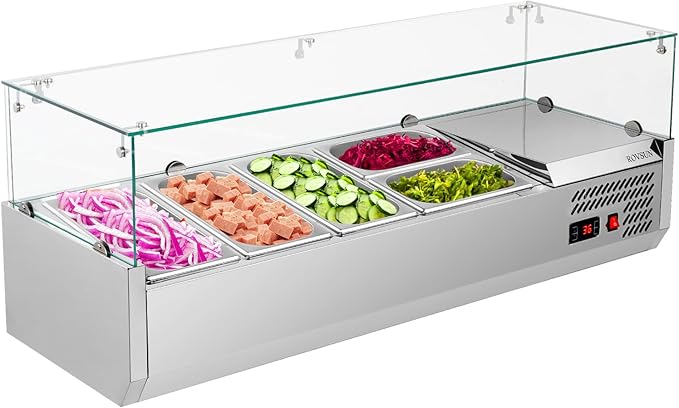ROVSUN 47" Refrigerated Condiment Prep Station Sandwich Prep Table ETL NSF, 25.1QT Salad Bar Prep Rail w/Auto Defrost Temp Control Glass Shield 3 1/3 Pan & 2 1/4 Pan for Restaurant Food Truck