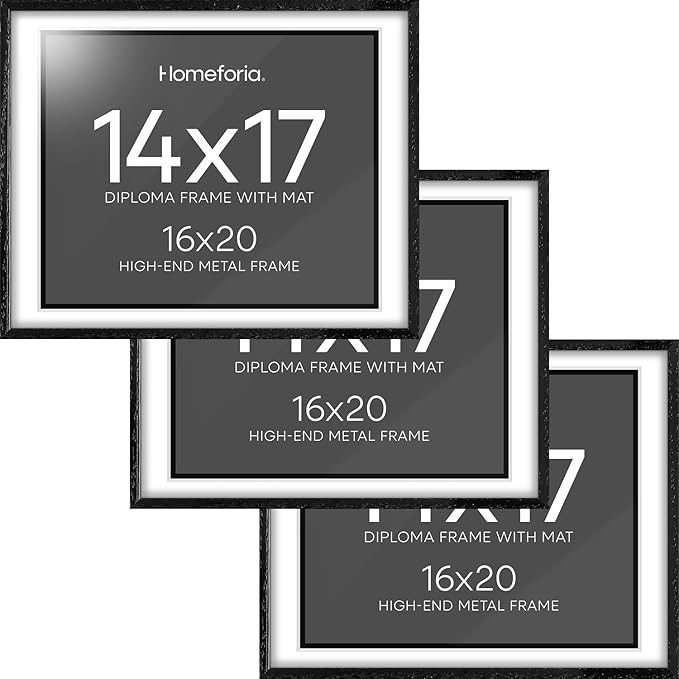 Homeforia 16x20 Diploma Black Wood Frame, High End Oak 16 x 20 Certificate Frames with Mat 14 x 17, 16by20 Document Frame Matted to 14by17, Wooden Graduation Frames, Tempered Glass, Wall Kit, Set of 3