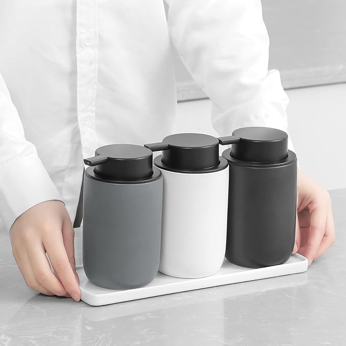 Ceramic Pump Bottle Refillable Lotion Soap Dispenser 12oz Grey 2 Pack | Matte - Image 2