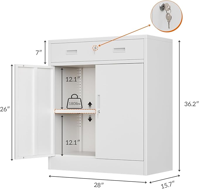 CJF Metal Storage Cabinet, Locking Storage Cabinet with Doors and 1 Drawer, 36" H x 28" W x 16" D Metal Cabinets for Office/Home/Garage -White