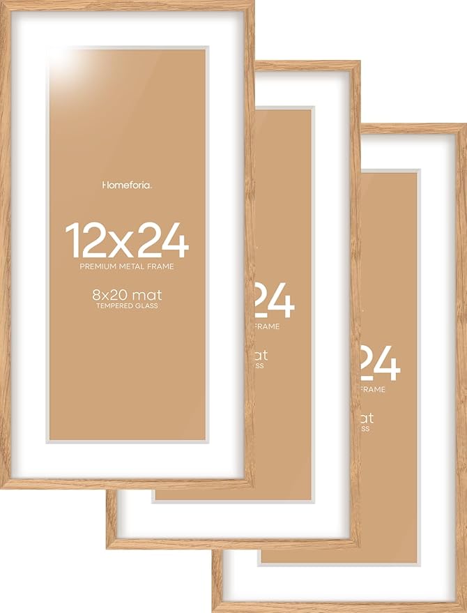 Homeforia 12x24 Wood Frame, High End Natural Oak 12x24 Light Wooden Picture Frame with Mat 8x20, 12 x 24 Poster Frames Matted to 8 by 20 Photo, 24x12 Hanging Frames, Tempered Glass, Wall Kit, Set of 3