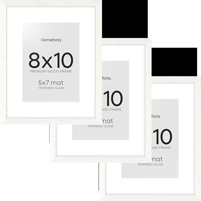 Homeforia 8x10 Picture Frame White, High End Oak 8 x 10 Wooden Frames with Mat 5 by 7 Print, 8x10 Wood Frame Matted to 5x7 inch Photo, 8by10 Wall or Tabletop Frames, Tempered Glass, Wall Kit, Set of 3