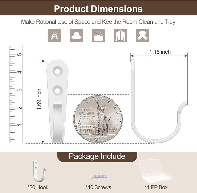 BREYDROK 20Pack Towel Hooks for Bathroom, Heavy Duty White Metal Wall Hooks | - Image 3