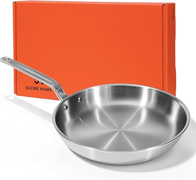 12 Inch Stainless Steel Frying Pan - 5 Ply Stainless Clad Skillet with Aluminum Core, Durable and Even Heating, Professional Cookware for Induction, All Stoves, Oven and Dishwasher Safe